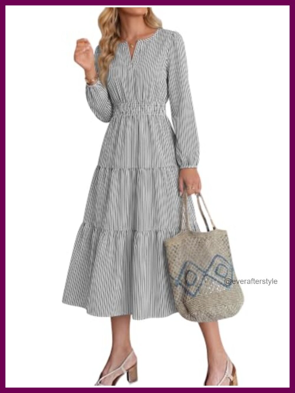 Womens Long Sleeve Midi Dress Puff Sleeve A-Line Chiffon Wedding Guest